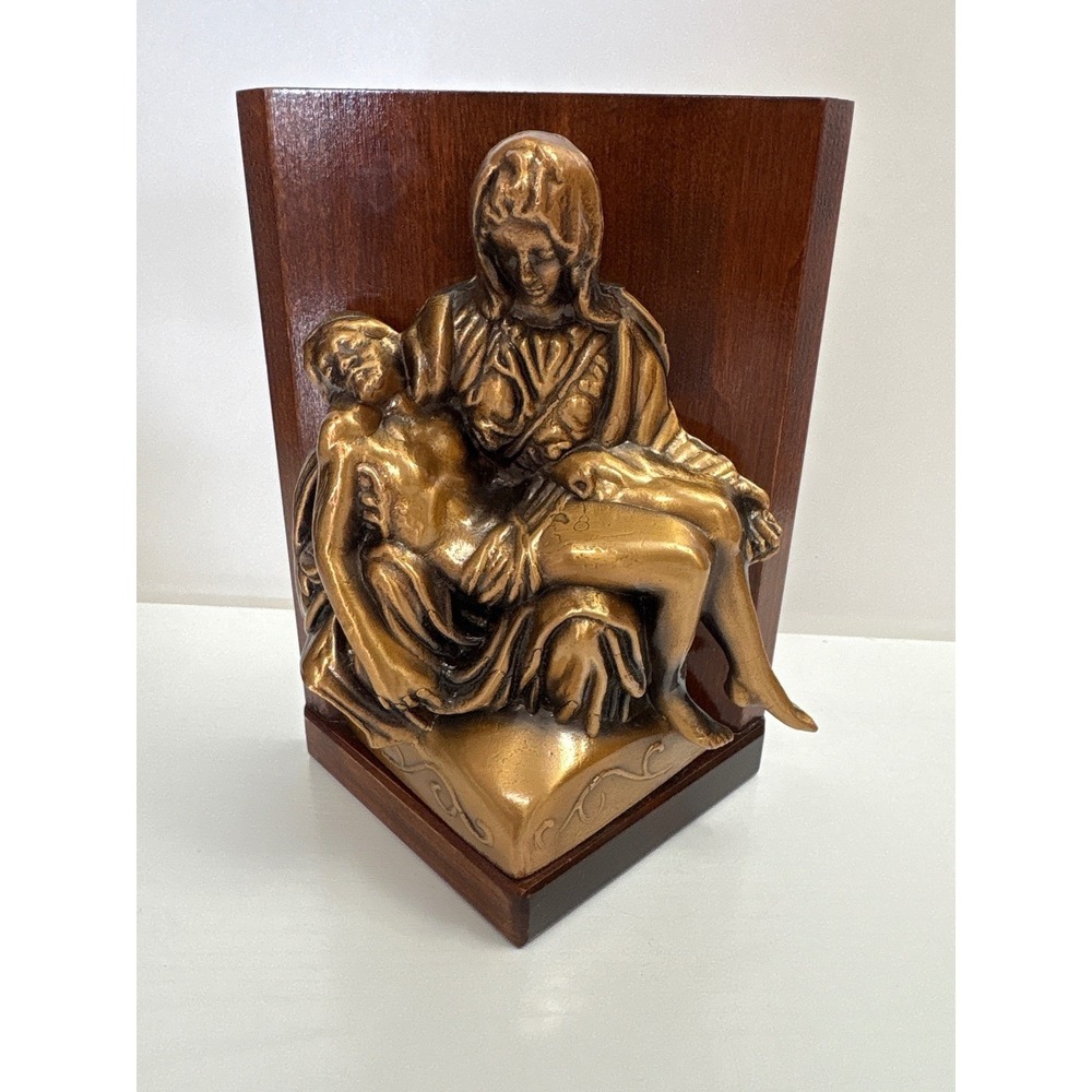 Vintage Religious Pieta Sculpture Wall Mount Wood Base Bronze Finish